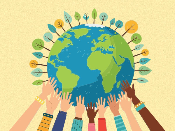 Diverse hands raised toward Earth surrounded by trees symbolizing global unity and sustainability.