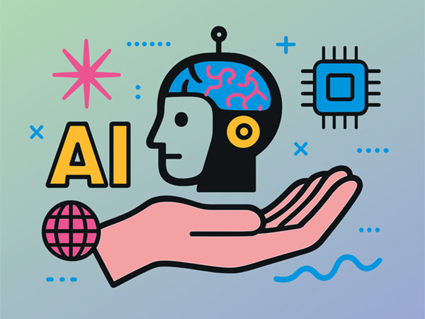 An illustration of a hand holding a stylized human head with a circuit brain, surrounded by the letters “AI,” a microchip, and decorative icons.
