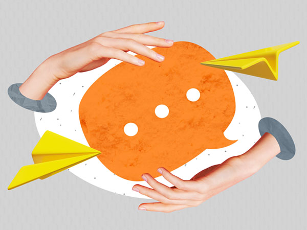 Two hands reaching toward an orange speech bubble with three white dots, surrounded by two yellow paper airplanes.