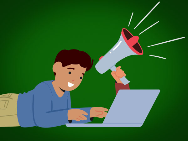 Illustration of a smiling boy lying down and using a laptop while holding a megaphone.