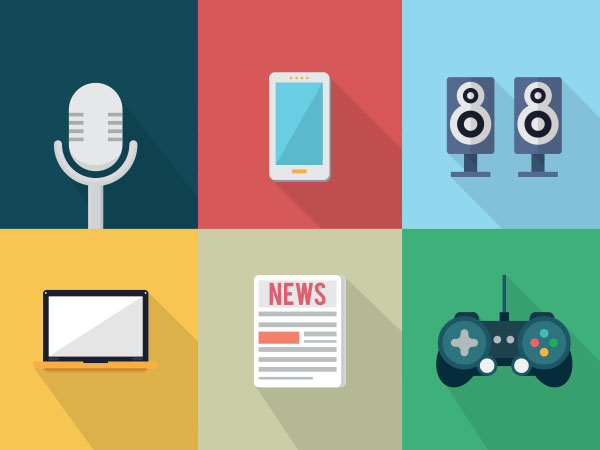 Microphone, smartphone, speakers, laptop, newspaper, game controller icons grid.