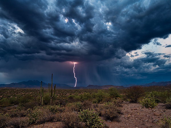 Lightning strike in desert landscape with cacti under a stormy sky.