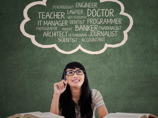 Girl thinking about future careers on chalkboard.