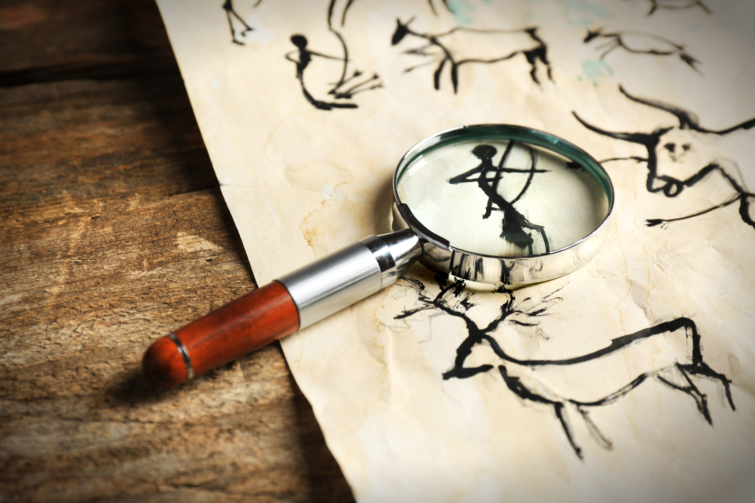 Lupa y pluma sobre papel envejecido.