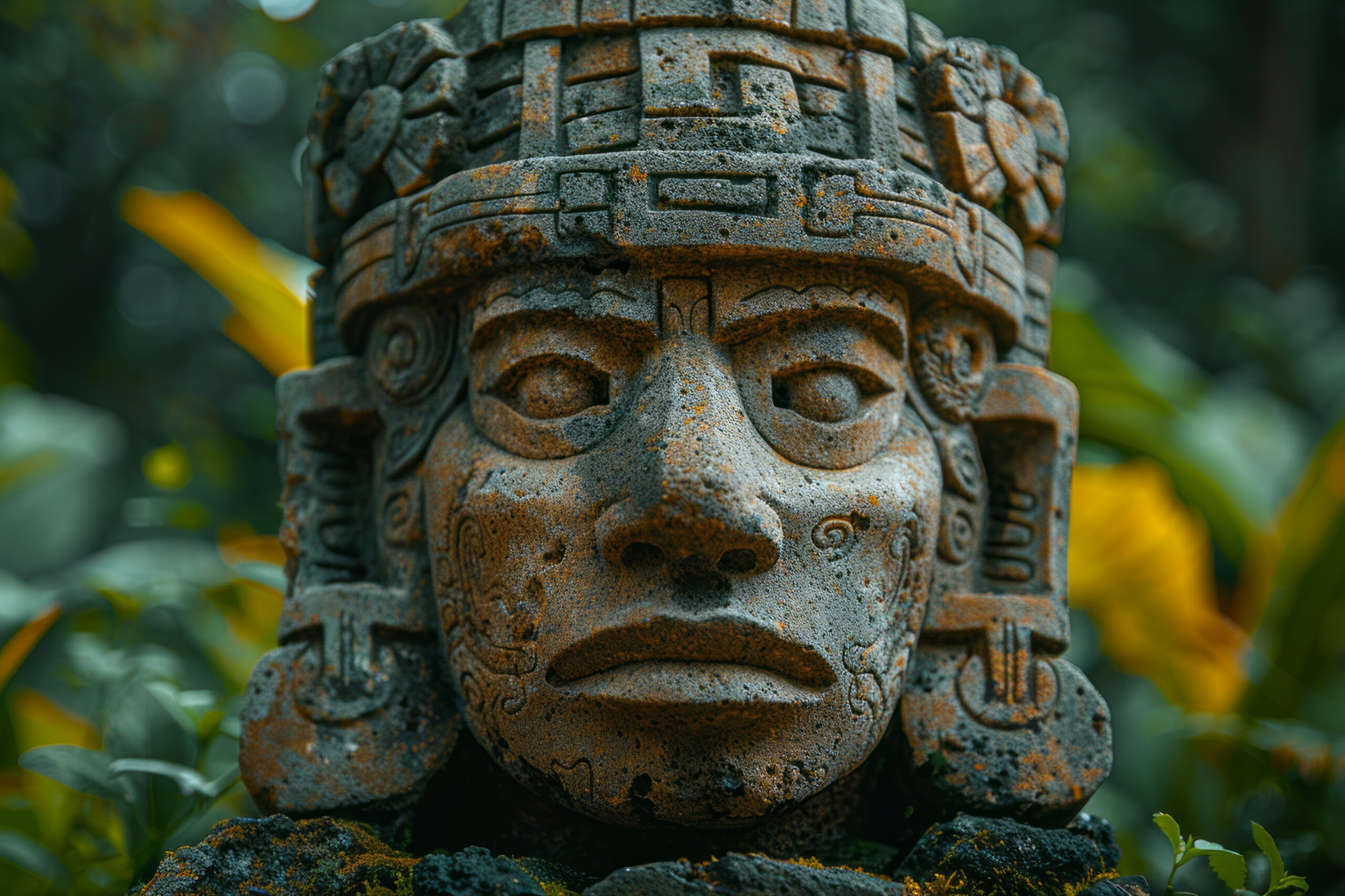 Escultura azteca de rostro con tocado