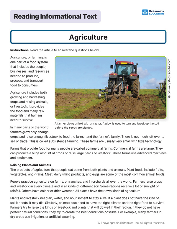 Image of a worksheet entitled Agriculture with a photo of a farmer drives a tractor plowing soil in a field.