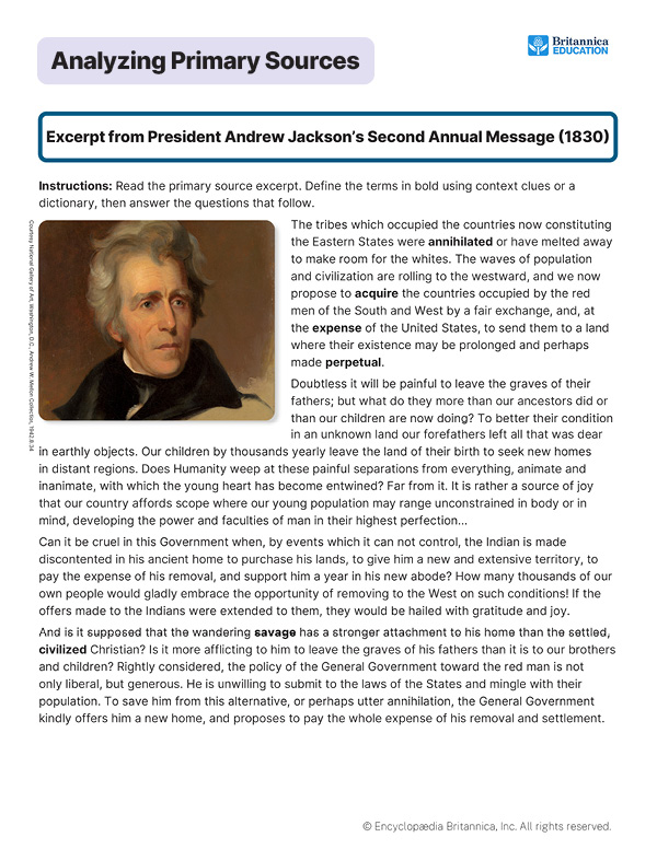 Image of worksheet of Andrew Jackson speech defending Native American removal and westward expansion of settlers.