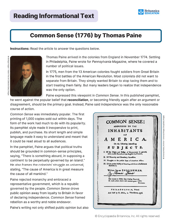 Illustrated article about Thomas Paine’s Common Sense (1776) with images and summary text.