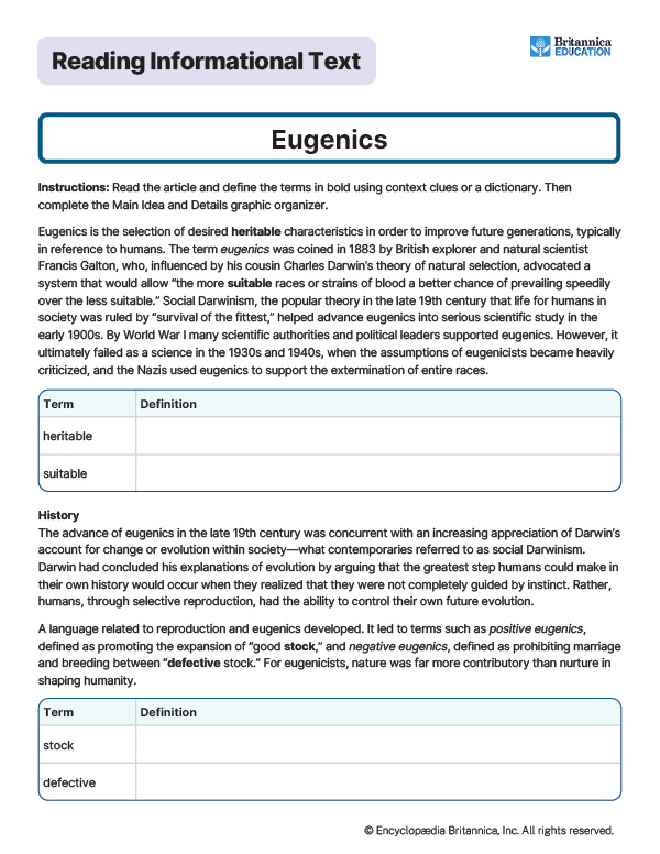 Image of a worksheet about eugenics with vocabulary definitions and historical context.