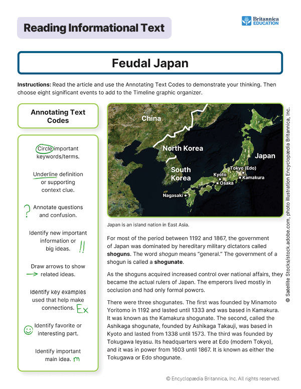 Image of a worksheet about Feudal Japan with map and notes on shoguns’ rule.