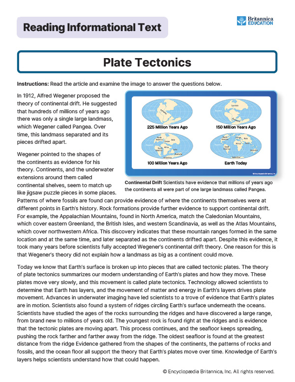 Image of a worksheet explaining continental drift and plate tectonics with maps.