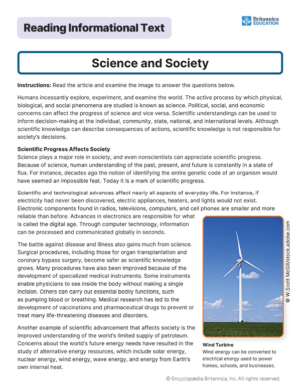 Image of worksheet with text about how scientific progress impacts society and daily life.