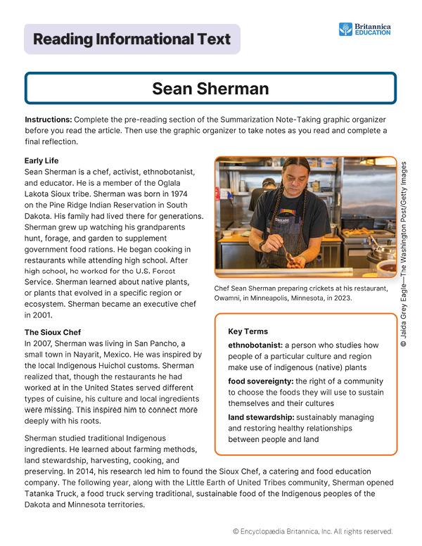Worksheet of Sean Sherman with photo of Sean Sherman cooking in a restaurant kitchen preparing a dish.