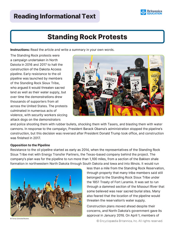 An iimage of text with illustrations of protesters holding signs and flags opposing the Dakota Access Pipeline at Standing Rock.