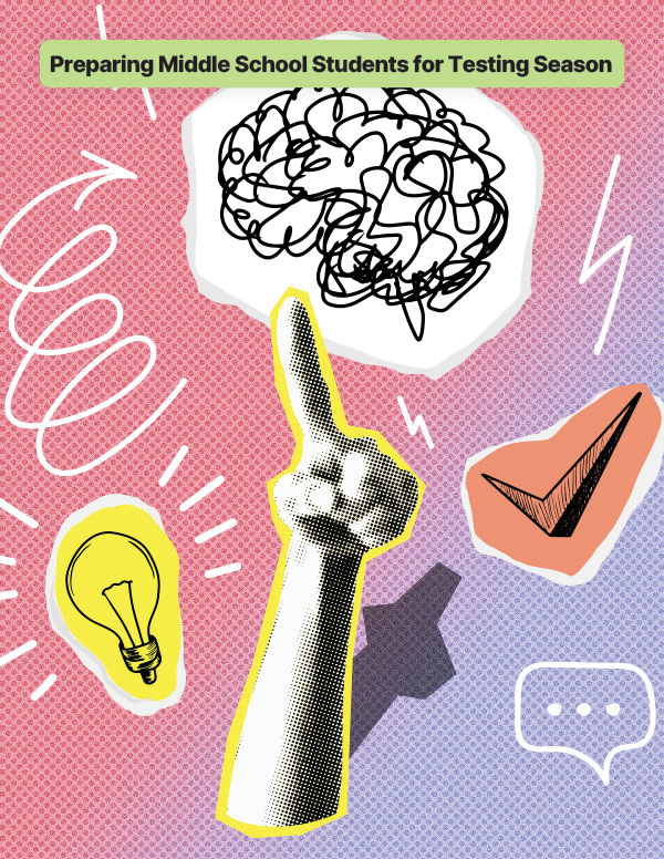 Illustration of pointing hand, brain doodle, light bulb, and icons