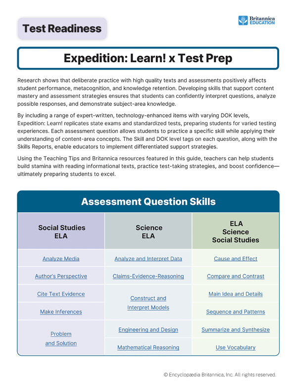 Expedition Learn test prep handout outlining assessment question skills across subjects.