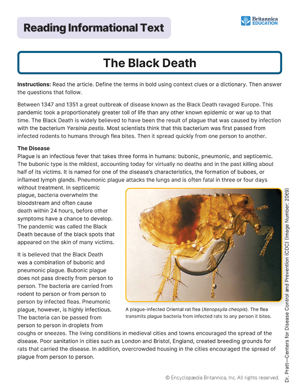 Image of a worksheet about the Black Death plague and its spread in Europe.