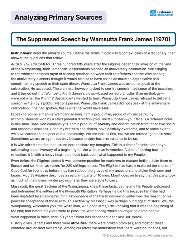 An image of text about Wamsutta Frank James speaking about Native American history and Pilgrim injustices.