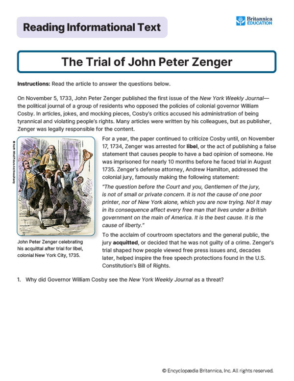 A reading passage titled "The Trial of John Peter Zenger" with an image of Zenger’s courtroom scene.