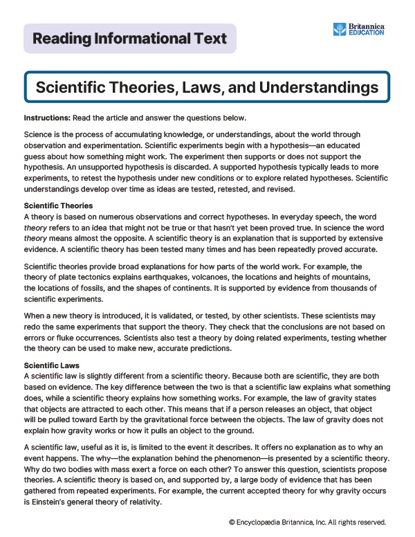 Image of a worksheet with text about scientific theories, laws, and understandings in science.