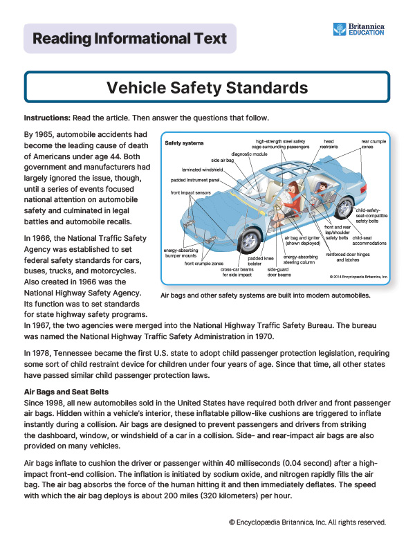 Image of a worksheet with text about vehicle safety standards and car safety features.