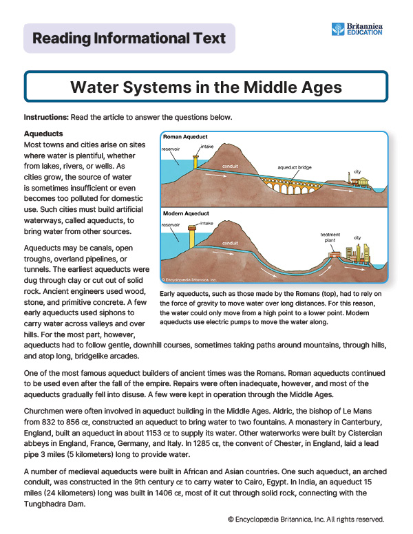 Image of worksheet comparing Roman and modern aqueducts transporting water to cities.