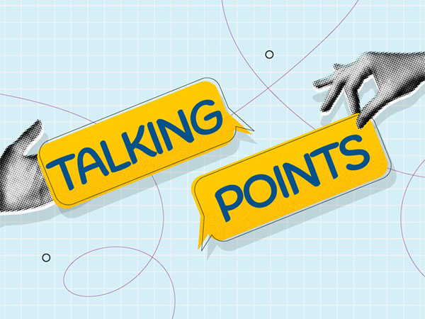 Two hands reach toward yellow speech bubbles reading Talking Points.