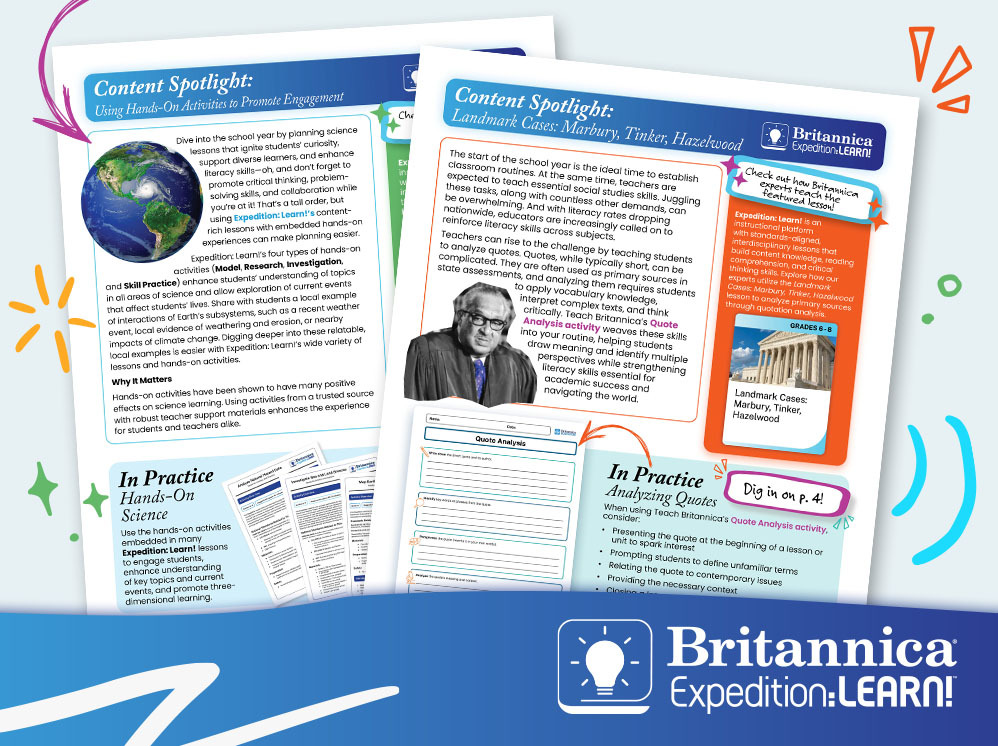 Two educational content spotlight pages from Britannica Expedition: Learn! featuring activities on hands-on science and landmark court cases, with colorful graphics, images, and worksheets.