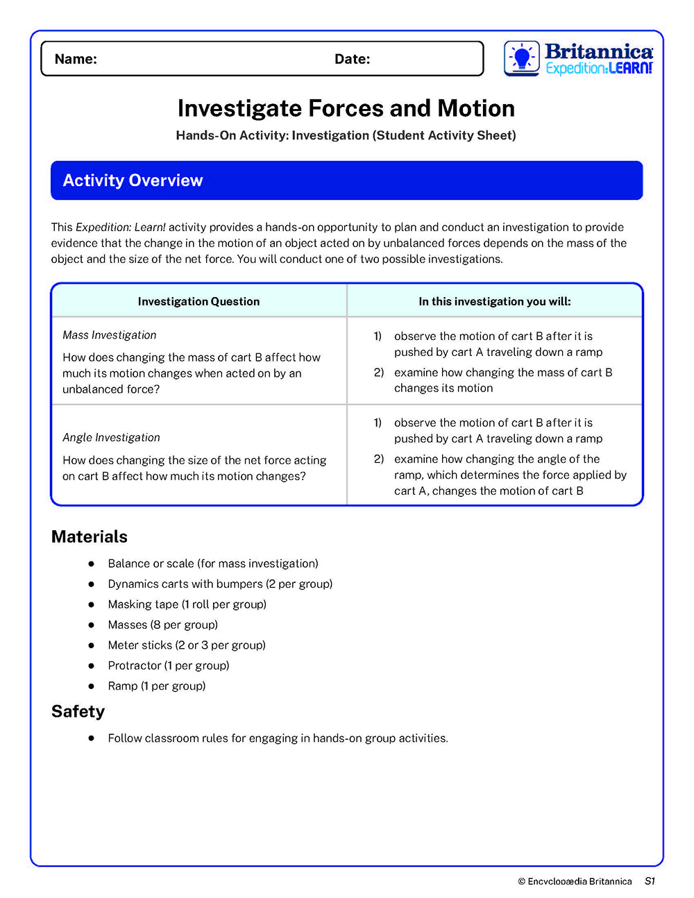 Student worksheet for investigating mass and force in physics.