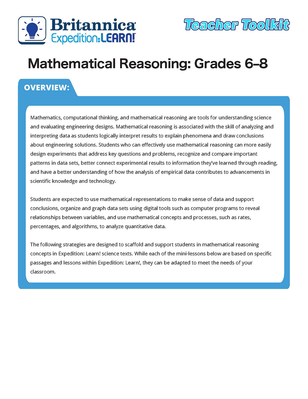 Britannica teacher guide for middle school mathematical reasoning skills.