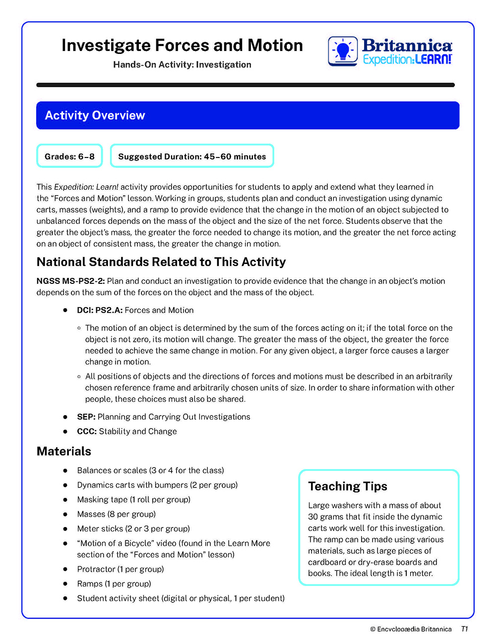 Hands-on physics activity guide for teaching forces and motion.