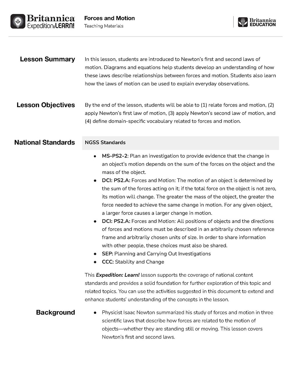 Lesson plan document for teaching Newton's laws of motion.